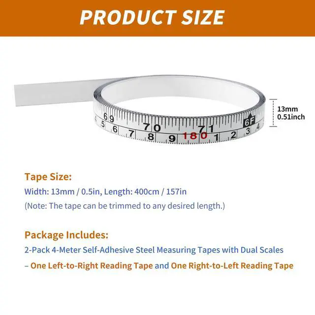 Alt view image 2 of 7 - 2-Pack Steel Self-Adhesive Measuring Tape, Imperial & Metric Stick-on Ruler, Left to Right and Right to Left Reading Tape Measure for Woodworking, Workbench, Table Saw, Drafting Table, 400cm/157Inch