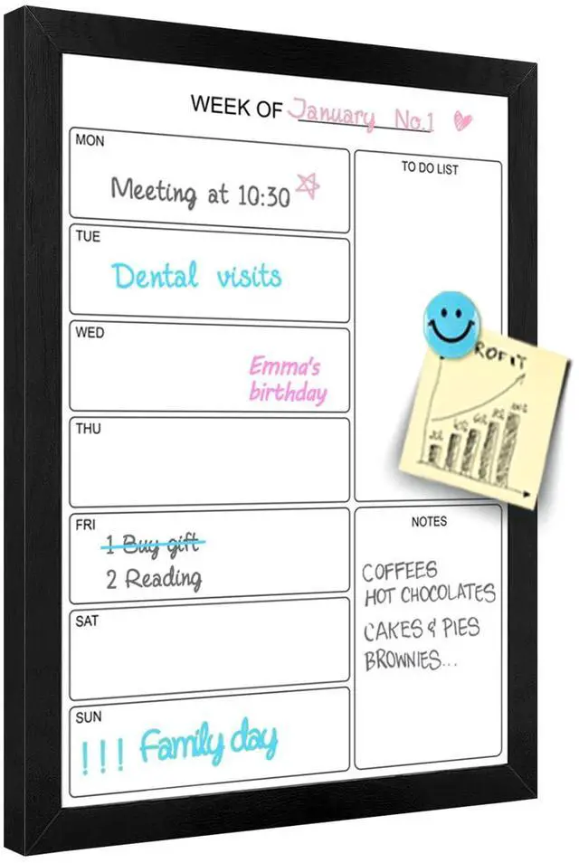 Main image of Weekly Dry Erase Whiteboard Calendar, 15.7"x11.8" Magnetic Surface Memo Board, Minimal Design Weekly Planner for Wall, Black Wood Frame Dry Erase Board for Office School Home(ZLBB-S-BK-2636)