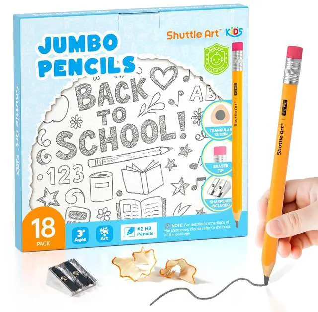 Main image of Jumbo Pencils - 18 Pack Triangle Pre sharpened Pencils #2 HB with Top Erasers & Sharpener, for kids Ages 4-8, Kindergarten School Supplies, Ideal for Home, Classroom