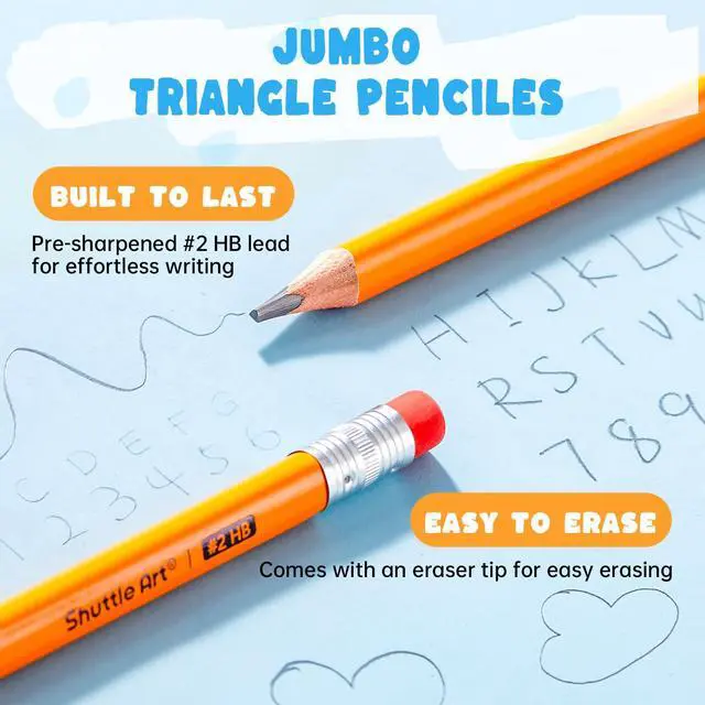 Alt view image 3 of 7 - Jumbo Pencils - 18 Pack Triangle Pre sharpened Pencils #2 HB with Top Erasers & Sharpener, for kids Ages 4-8, Kindergarten School Supplies, Ideal for Home, Classroom
