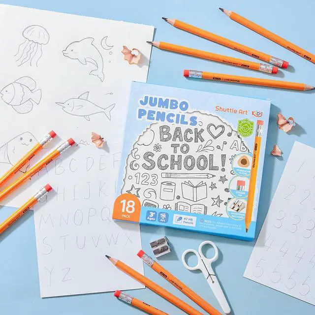 Alt view image 5 of 7 - Jumbo Pencils - 18 Pack Triangle Pre sharpened Pencils #2 HB with Top Erasers & Sharpener, for kids Ages 4-8, Kindergarten School Supplies, Ideal for Home, Classroom