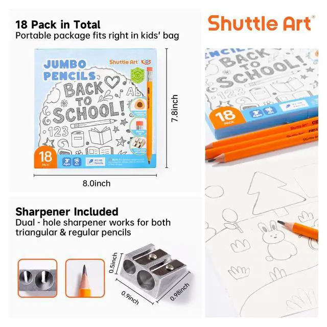 Alt view image 7 of 7 - Jumbo Pencils - 18 Pack Triangle Pre sharpened Pencils #2 HB with Top Erasers & Sharpener, for kids Ages 4-8, Kindergarten School Supplies, Ideal for Home, Classroom