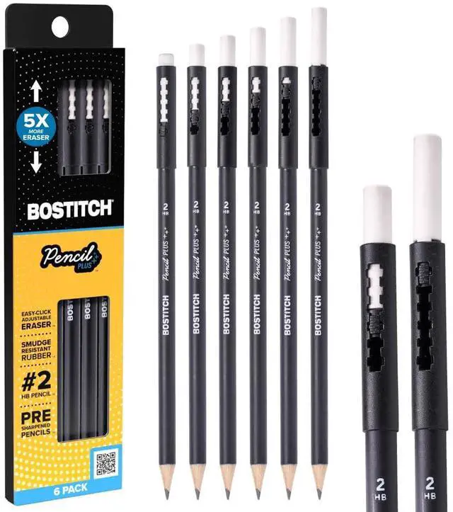 Main image of , Wood-Cased Pencil Plus, Retractable Eraser, American Cedar Wood, #2 HB, Round, Matte Black, Pre-sharpened, Six Pack