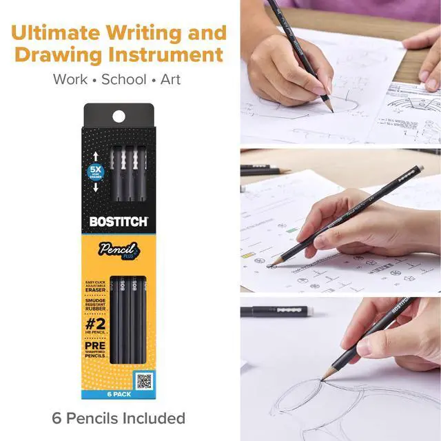 Alt view image 4 of 7 - , Wood-Cased Pencil Plus, Retractable Eraser, American Cedar Wood, #2 HB, Round, Matte Black, Pre-sharpened, Six Pack