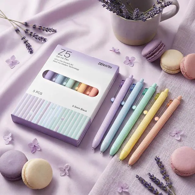 Alt view image 5 of 5 - 5-Pack Gel Pens, 0.5mm Fine Point Black Ink Retractable Pens with Diamond Barrel, Smooth Quick-Dry Writing Pens for Journaling, Note-Taking, Office & School Supplies (5-Pack Z5 Macaron)
