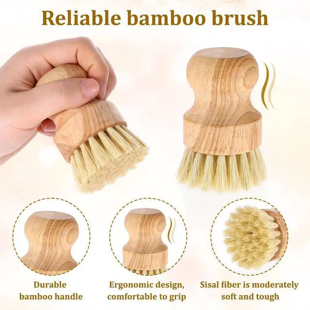 Alt view image 3 of 7 - 6 Packs Bamboo Dish Scrub Brushes Wok Brush Dish Scrubber Brush Kitchen Dishwashing Scrubber with Natural Bristles Bamboo Scrub Brush for Cleaning Pans, Pots, Sink