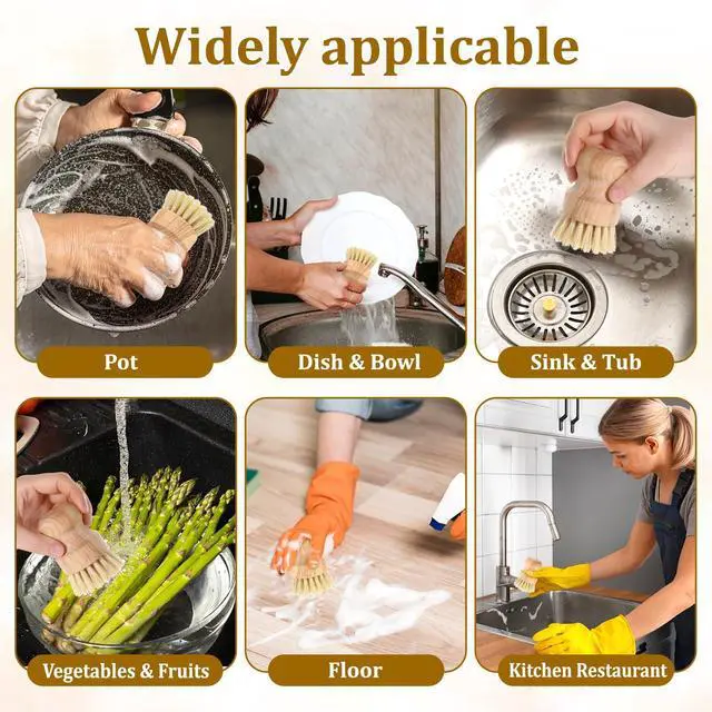 Alt view image 7 of 7 - 6 Packs Bamboo Dish Scrub Brushes Wok Brush Dish Scrubber Brush Kitchen Dishwashing Scrubber with Natural Bristles Bamboo Scrub Brush for Cleaning Pans, Pots, Sink