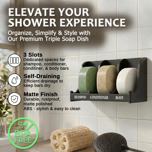 Alt view image 2 of 7 - Soap Holder for Shower Wall, 3-Compartment Soap Dish for Shampoo, Conditioner and Body Soap, Fast Draining & Rust-Proof & Heavy Duty, Ultra-Strong Adhesive for Long-Term Bathroom Use & Freestanding