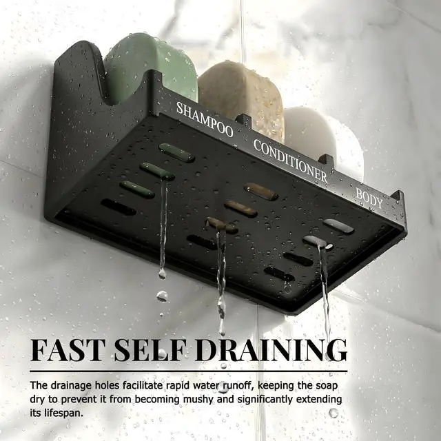 Alt view image 3 of 7 - Soap Holder for Shower Wall, 3-Compartment Soap Dish for Shampoo, Conditioner and Body Soap, Fast Draining & Rust-Proof & Heavy Duty, Ultra-Strong Adhesive for Long-Term Bathroom Use & Freestanding