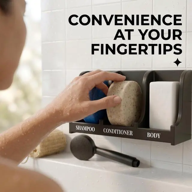 Alt view image 4 of 7 - Soap Holder for Shower Wall, 3-Compartment Soap Dish for Shampoo, Conditioner and Body Soap, Fast Draining & Rust-Proof & Heavy Duty, Ultra-Strong Adhesive for Long-Term Bathroom Use & Freestanding
