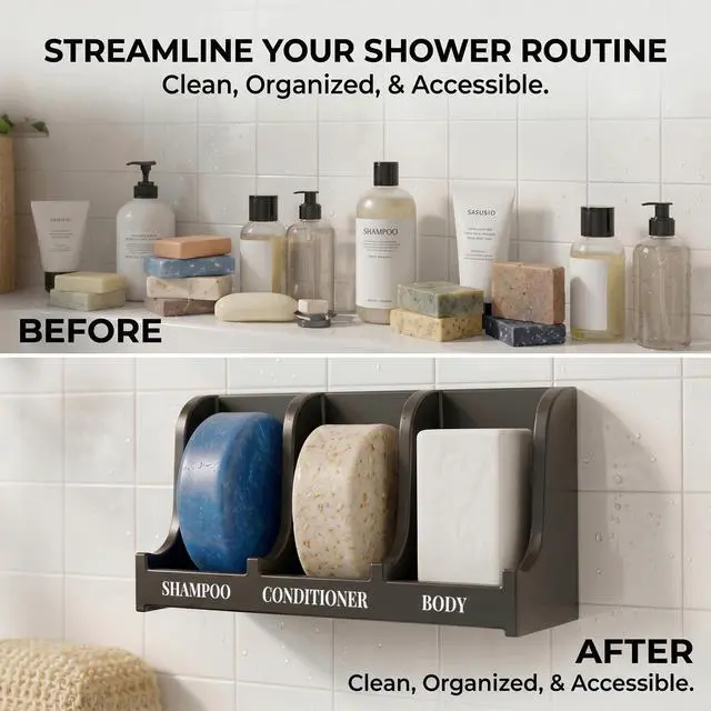 Alt view image 5 of 7 - Soap Holder for Shower Wall, 3-Compartment Soap Dish for Shampoo, Conditioner and Body Soap, Fast Draining & Rust-Proof & Heavy Duty, Ultra-Strong Adhesive for Long-Term Bathroom Use & Freestanding