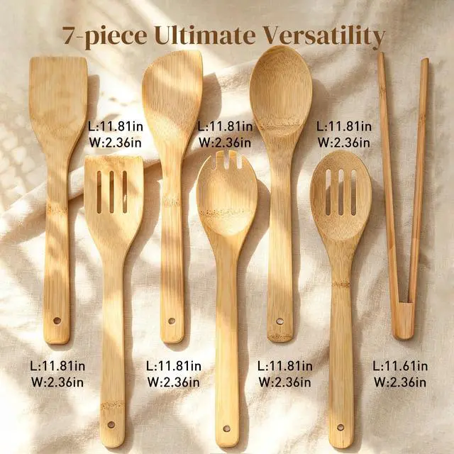 Alt view image 2 of 7 - 7-Piece Bamboo Kitchen Utensils Set, Wooden Spoons & Spatulas for Nonstick Cookware, Lightweight Heat-Resistant Cooking Tools with Comfortable Grip, Kitchen Gift Set