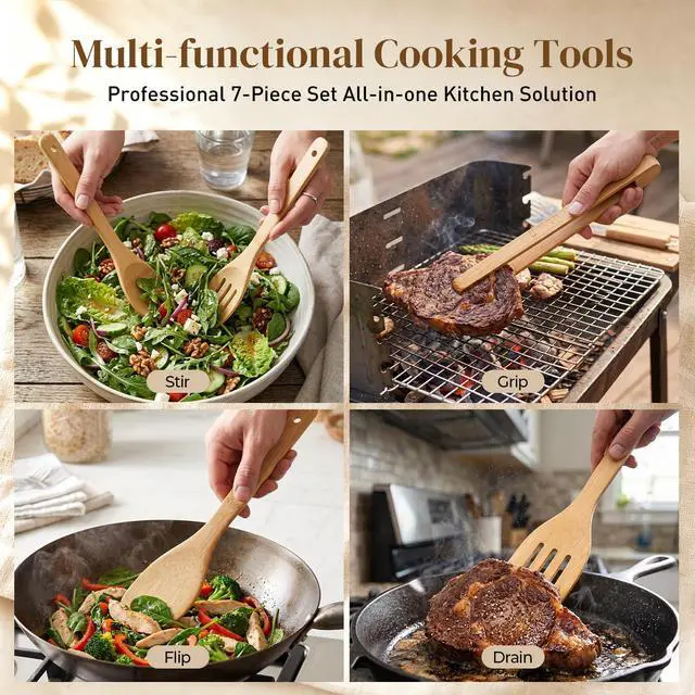 Alt view image 3 of 7 - 7-Piece Bamboo Kitchen Utensils Set, Wooden Spoons & Spatulas for Nonstick Cookware, Lightweight Heat-Resistant Cooking Tools with Comfortable Grip, Kitchen Gift Set