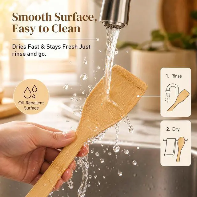 Alt view image 6 of 7 - 7-Piece Bamboo Kitchen Utensils Set, Wooden Spoons & Spatulas for Nonstick Cookware, Lightweight Heat-Resistant Cooking Tools with Comfortable Grip, Kitchen Gift Set