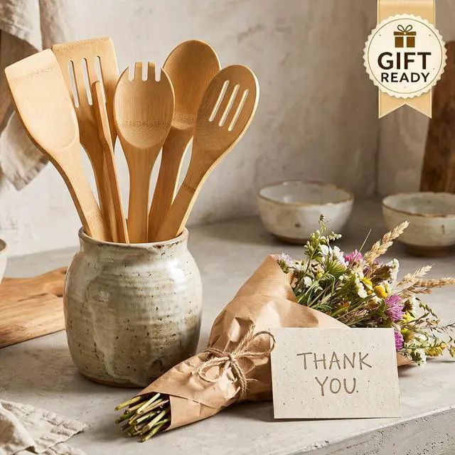 Alt view image 7 of 7 - 7-Piece Bamboo Kitchen Utensils Set, Wooden Spoons & Spatulas for Nonstick Cookware, Lightweight Heat-Resistant Cooking Tools with Comfortable Grip, Kitchen Gift Set
