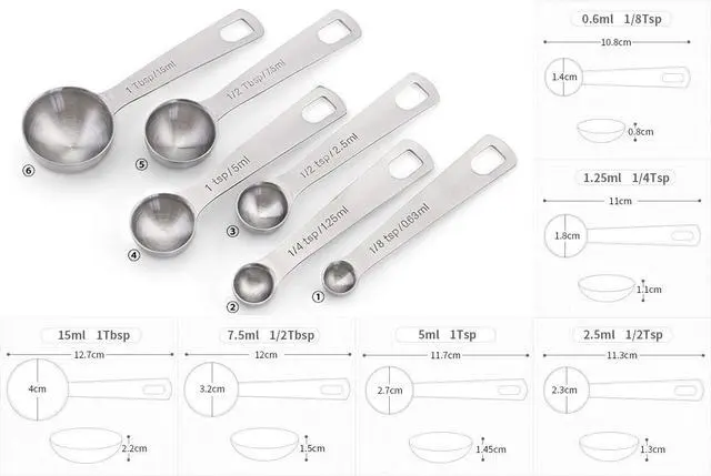 Alt view image 2 of 7 - 18/8 Stainless Steel Measuring Spoons with Ring Holder Bonus, Set of 6 Accurate Kitchen Tablespoon to 1/8 Metal Teaspoon Measuring Spoons