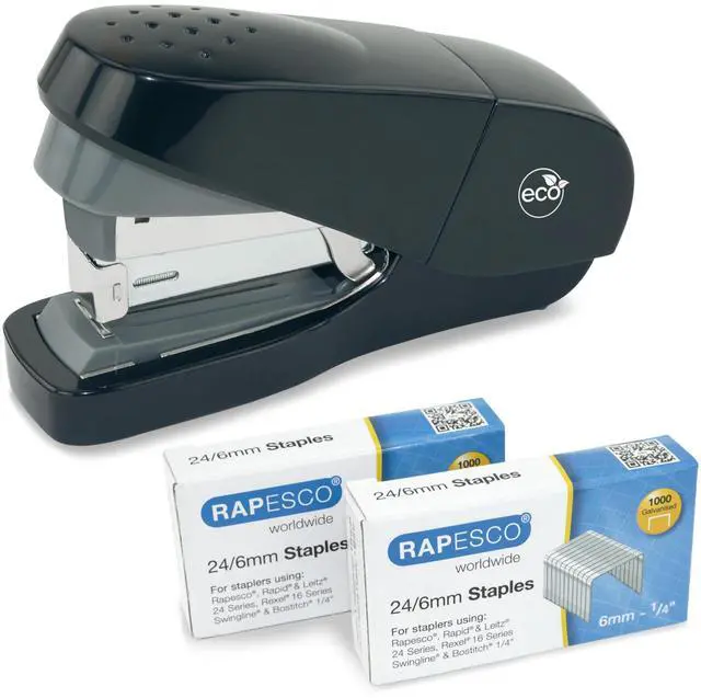 Main image of 1688 ECO Flat Clinch Stapler with 2000 Staples Type 24/6mm High Capacity (1/4"), Less Effort, 35 Sheet Capacity, Non-Slip Desktop Stapler, Handle Grip, Top-Loading, Half-Strip, Black
