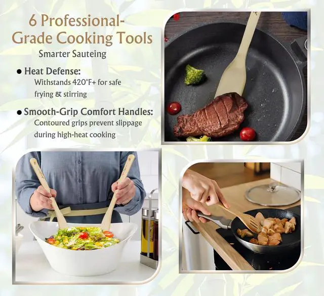Alt view image 3 of 5 - 14-Piece Bamboo Wooden Kitchen Utensil Set - 6 Non-Scratch Heat-Resistant Cooking Tools with Storage Holes + 8 Small Spoons for , Tea, Eco-Friendly Sustainable Kitchen Gift Set