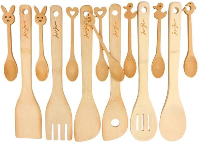 Main image of 14-Piece Bamboo Wooden Kitchen Utensil Set - 6 Non-Scratch Heat-Resistant Cooking Tools with Storage Holes + 8 Small Spoons for , Tea, Eco-Friendly Sustainable Kitchen Gift Set