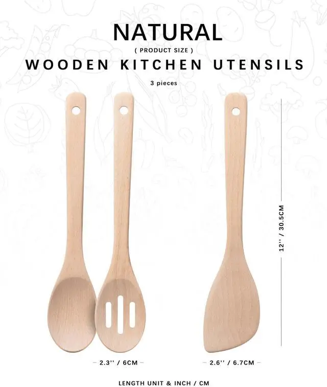 Alt view image 2 of 5 - Wooden Spoons for Cooking, 3-Piece Wood Utensil Set Includes Slotted Spoon, Spoon & Wooden Spatula for Cooking Uncoated Beech Wood Kitchen Utensil Set 12 Inch Hardwearing Tools