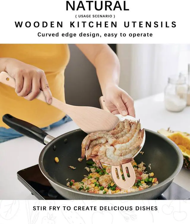 Alt view image 4 of 5 - Wooden Spoons for Cooking, 3-Piece Wood Utensil Set Includes Slotted Spoon, Spoon & Wooden Spatula for Cooking Uncoated Beech Wood Kitchen Utensil Set 12 Inch Hardwearing Tools