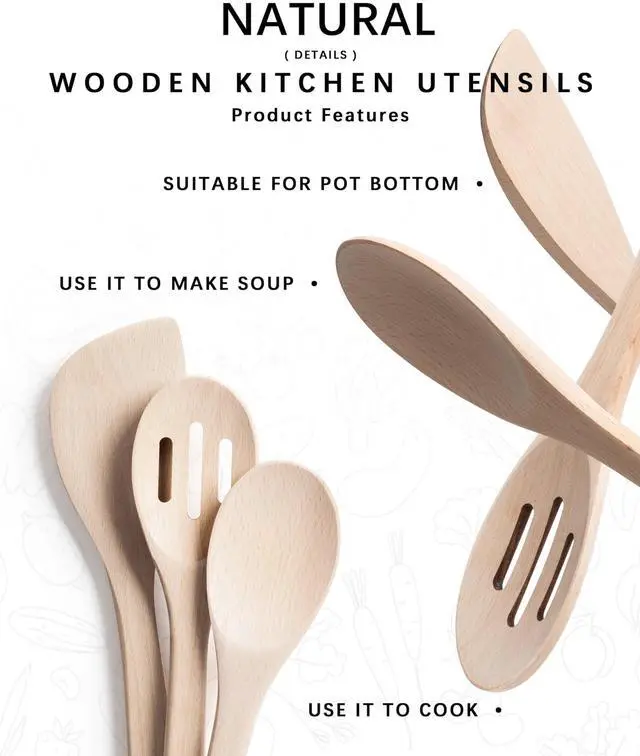 Alt view image 3 of 5 - Wooden Spoons for Cooking, 3-Piece Wood Utensil Set Includes Slotted Spoon, Spoon & Wooden Spatula for Cooking Uncoated Beech Wood Kitchen Utensil Set 12 Inch Hardwearing Tools