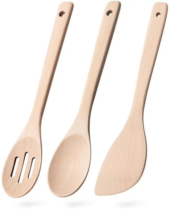 Main image of Wooden Spoons for Cooking, 3-Piece Wood Utensil Set Includes Slotted Spoon, Spoon & Wooden Spatula for Cooking Uncoated Beech Wood Kitchen Utensil Set 12 Inch Hardwearing Tools
