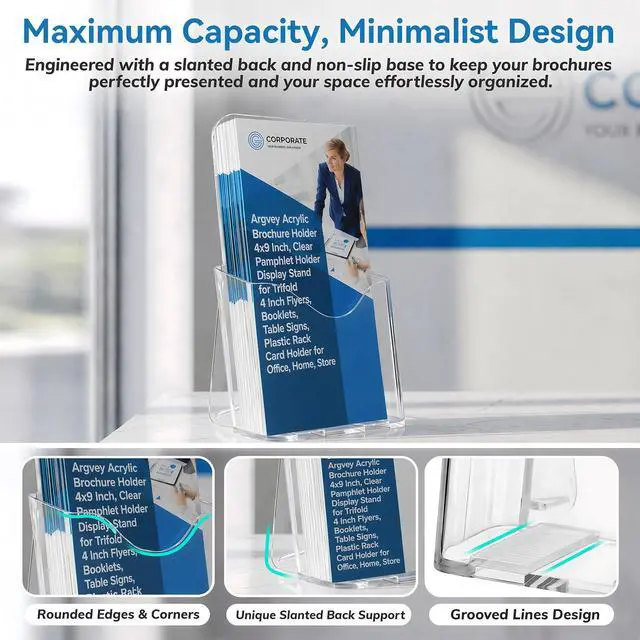 Alt view image 3 of 6 - Acrylic Brochure Holder 4x9 Inch, Clear Pamphlet Holder Display Stand for Trifold 4 Inch Flyers, Booklets, Table Signs, Plastic Rack Card Holder for Office, Home, Store, 2 Pack