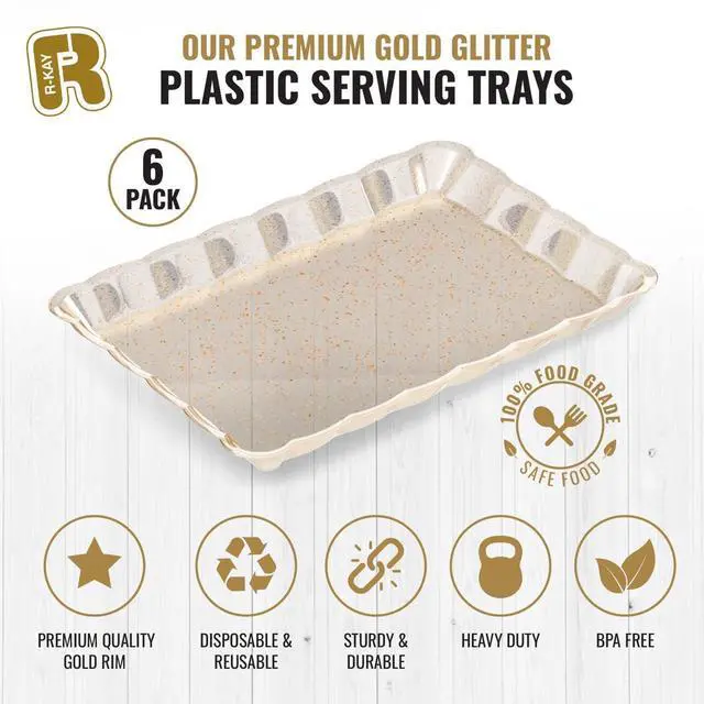 Alt view image 6 of 6 - 6 Pack Gold Glitter Plastic Serving Trays for Party, 9 x 13 Inch - Heavy Duty Plastic Gold Trays for Food - Rectangular Party Serving Platters
