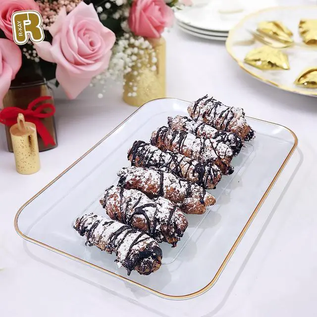 Alt view image 2 of 6 - 6 Pack Plastic Serving Trays for Party - 8 x 11 Disposable Serving Tray - Heavy Duty Gold Dessert Trays (Clear)