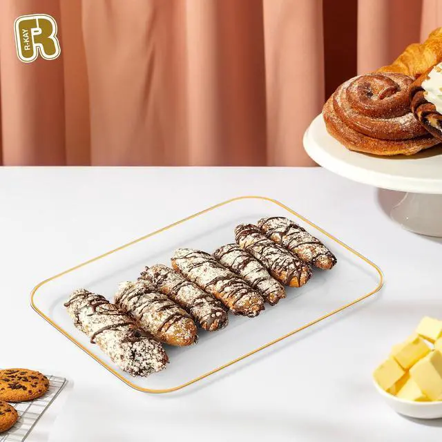 Alt view image 5 of 6 - 6 Pack Plastic Serving Trays for Party - 8 x 11 Disposable Serving Tray - Heavy Duty Gold Dessert Trays (Clear)