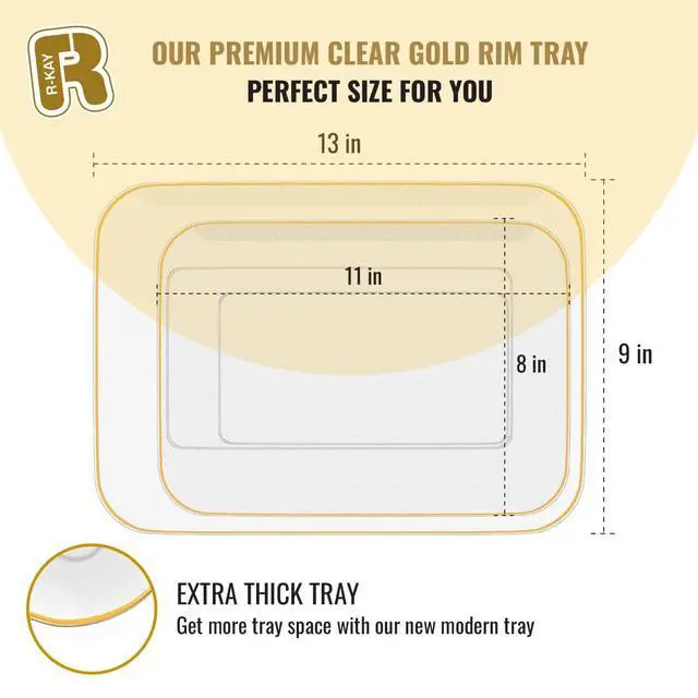Alt view image 6 of 6 - 6 Pack Plastic Serving Trays for Party - 8 x 11 Disposable Serving Tray - Heavy Duty Gold Dessert Trays (Clear)