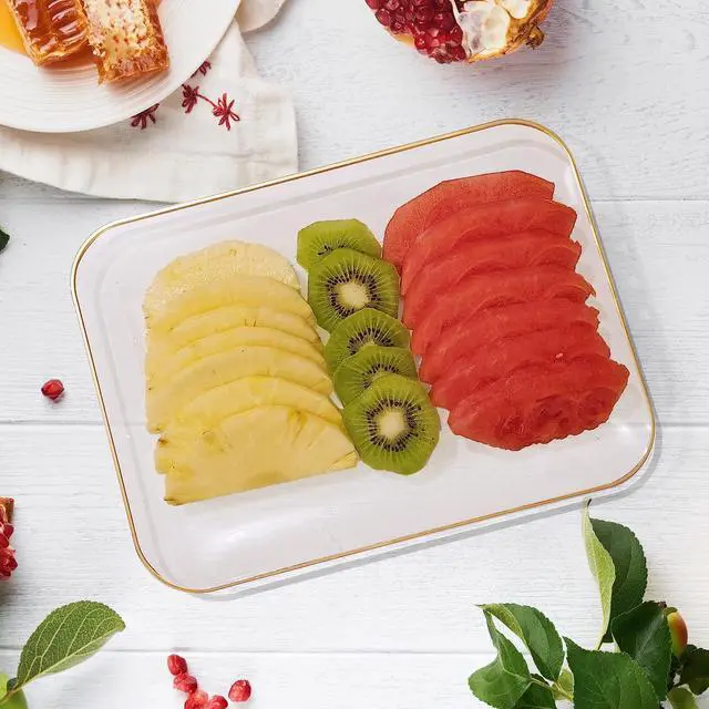 Alt view image 4 of 6 - 6 Pack Plastic Serving Trays for Party - 8 x 11 Disposable Serving Tray - Heavy Duty Gold Dessert Trays (Clear)