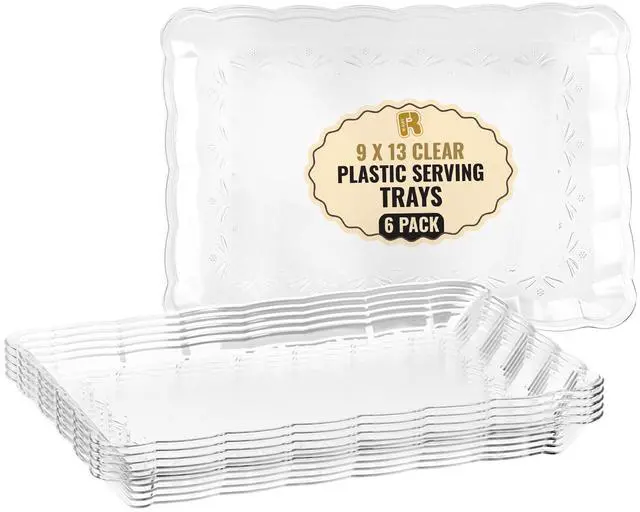 Main image of 6 Pack Clear Plastic Serving Trays for Party, 9 x 13 Inch - Heavy Duty Plastic Trays for Food - Rectangular Party Serving Trays and Platters - Clear Disposable Trays