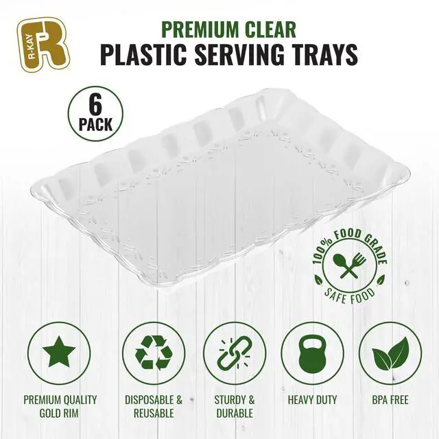 Alt view image 6 of 6 - 6 Pack Clear Plastic Serving Trays for Party, 9 x 13 Inch - Heavy Duty Plastic Trays for Food - Rectangular Party Serving Trays and Platters - Clear Disposable Trays