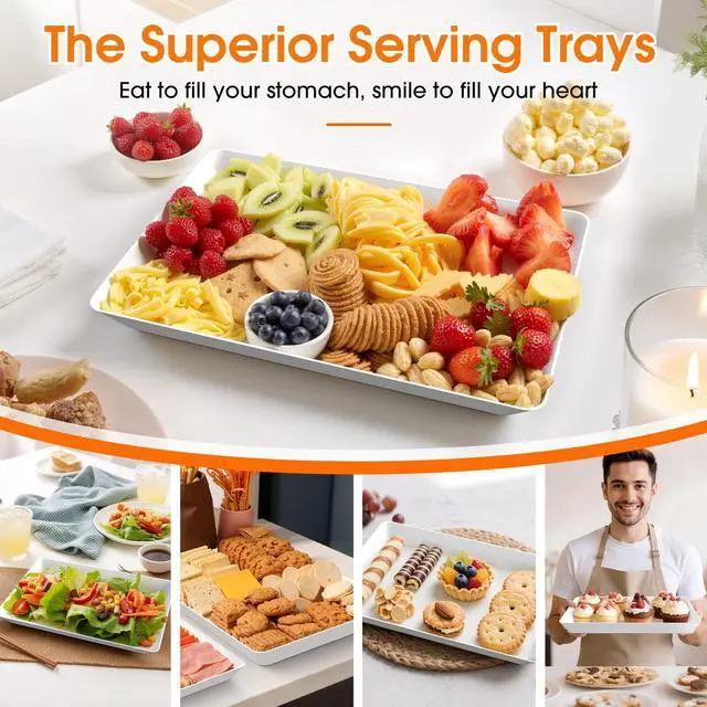 Alt view image 2 of 7 - 3 Pack Serving Tray, White Rectangular Appetizer Platters for Party, Catering, Buffet, Large Reusable Serving Dishes for Snacks, Fruit, Dessert, 3 Size Set 16 * 11", 14 * 9", 12 * 7"