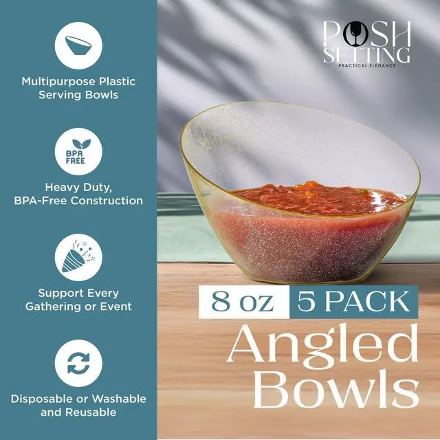 Alt view image 2 of 7 - Gold Plastic Serving Bowls for Party Angled Bowls Disposable Chip Bowls Candy Bowls for Party Table Salad and Fruit Bowls for Wedding Serving Bowls-Gold Glitter, 8 OZ, 5 Pack
