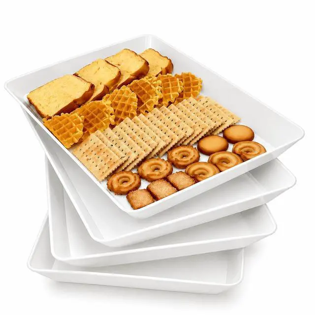 Main image of Serving Tray Platter, 4 Pack Food Tray for Veggie Fruit Snack Dessert Cookie Cheese, Food Trays for Party Supplies Display, Plastic Platters for Serving Food, Large White Trays, BPA Free