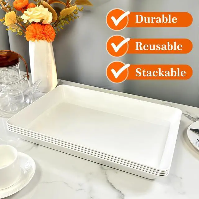 Alt view image 7 of 7 - Serving Tray Platter, 4 Pack Food Tray for Veggie Fruit Snack Dessert Cookie Cheese, Food Trays for Party Supplies Display, Plastic Platters for Serving Food, Large White Trays, BPA Free