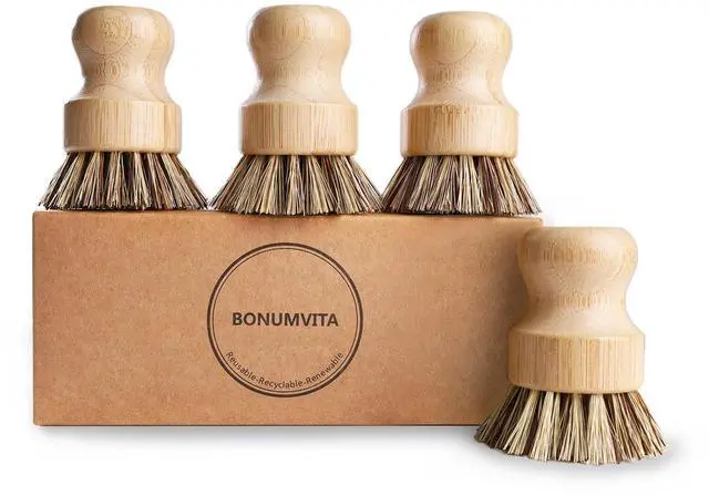 Main image of Bamboo Dish Brush Set,4 Pack Kitchen Palm Pot Brush with Union Fiber, Natural Bamboo Dish Scrub Brush for Cleaning Pots,Pans,Sinks,Woks,Vegetables