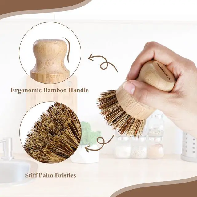 Alt view image 2 of 6 - Bamboo Dish Brush Set,4 Pack Kitchen Palm Pot Brush with Union Fiber, Natural Bamboo Dish Scrub Brush for Cleaning Pots,Pans,Sinks,Woks,Vegetables