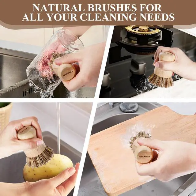 Alt view image 5 of 6 - Bamboo Dish Brush Set,4 Pack Kitchen Palm Pot Brush with Union Fiber, Natural Bamboo Dish Scrub Brush for Cleaning Pots,Pans,Sinks,Woks,Vegetables