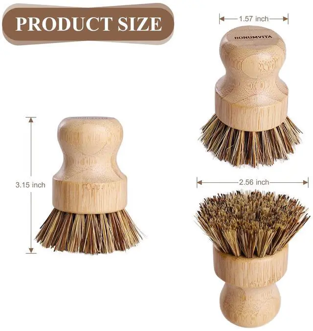 Alt view image 6 of 6 - Bamboo Dish Brush Set,4 Pack Kitchen Palm Pot Brush with Union Fiber, Natural Bamboo Dish Scrub Brush for Cleaning Pots,Pans,Sinks,Woks,Vegetables