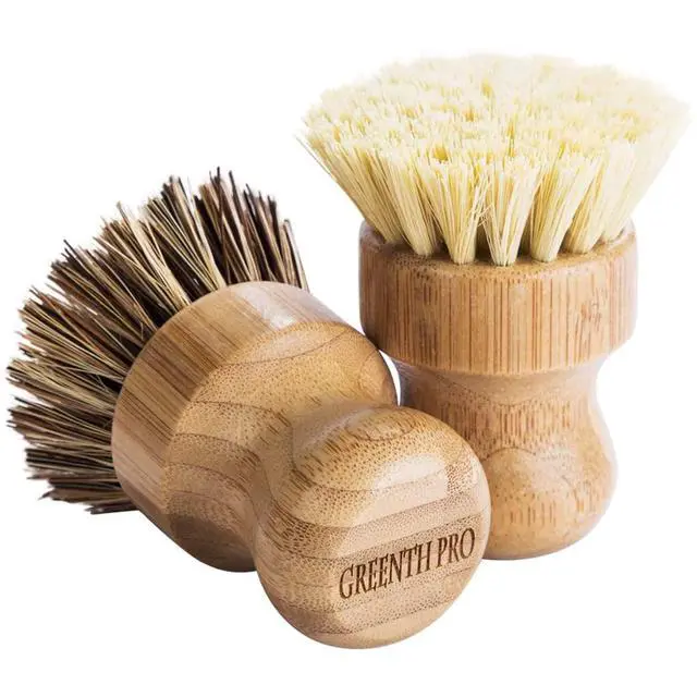 Alt view image 2 of 6 - Brush- Bamboo Round 3 Packs Mini Dish Brush Natural Scrub Brush Durable Scrubber Cleaning Kit with Union Fiber and Tampico Fiber for Cleaning Pots, Pans and Vegetables