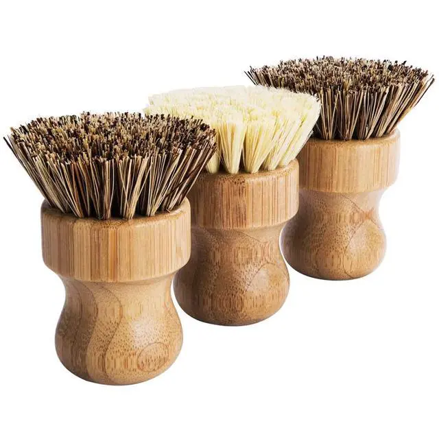 Alt view image 4 of 6 - Brush- Bamboo Round 3 Packs Mini Dish Brush Natural Scrub Brush Durable Scrubber Cleaning Kit with Union Fiber and Tampico Fiber for Cleaning Pots, Pans and Vegetables