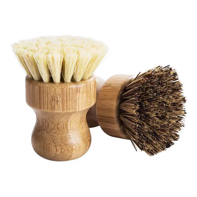 Alt view image 6 of 6 - Brush- Bamboo Round 3 Packs Mini Dish Brush Natural Scrub Brush Durable Scrubber Cleaning Kit with Union Fiber and Tampico Fiber for Cleaning Pots, Pans and Vegetables