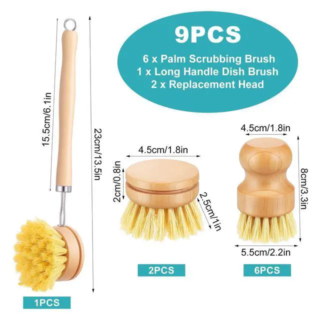 Alt view image 2 of 7 - 9 PCS Bamboo Dish Brush Set, Multifunctional Dishwashing Bamboo Scrub Brush with Natural Sisal Bristles, Wooden Dish Brush for Cleaning Pots, Pans, Dishes, Vegetables