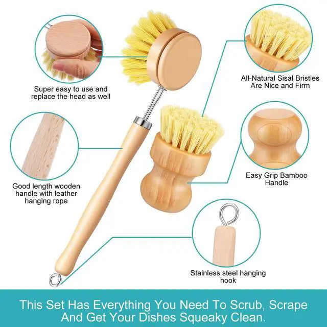 Alt view image 3 of 7 - 9 PCS Bamboo Dish Brush Set, Multifunctional Dishwashing Bamboo Scrub Brush with Natural Sisal Bristles, Wooden Dish Brush for Cleaning Pots, Pans, Dishes, Vegetables