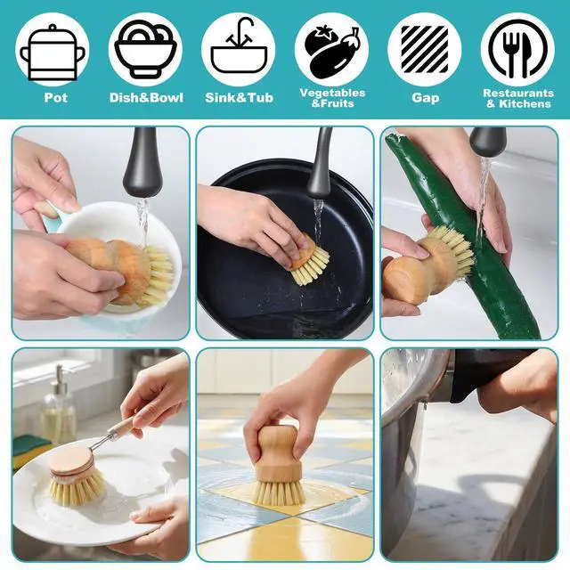 Alt view image 7 of 7 - 9 PCS Bamboo Dish Brush Set, Multifunctional Dishwashing Bamboo Scrub Brush with Natural Sisal Bristles, Wooden Dish Brush for Cleaning Pots, Pans, Dishes, Vegetables