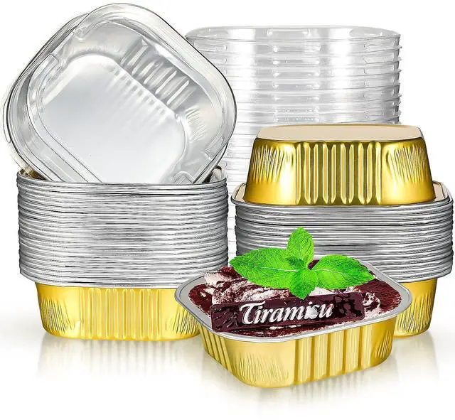 Main image of 40 Sets Square Aluminum Foil Cake Pan 130 ml/ 4.4 Ounces Mini Disposable Dessert Cupcake Cup Pan with Lids Flan Baking Cups for Wedding Birthday Party(Golden)